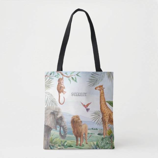 Watercolor Wild Safari Jungle African Animals Tote Bag (Front)