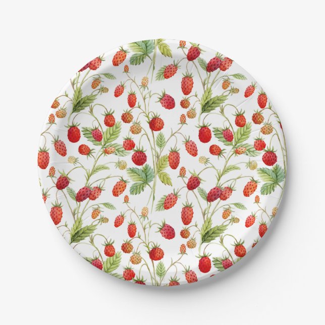 Watercolor Wild Strawberry Pattern  Paper Plate (Front)