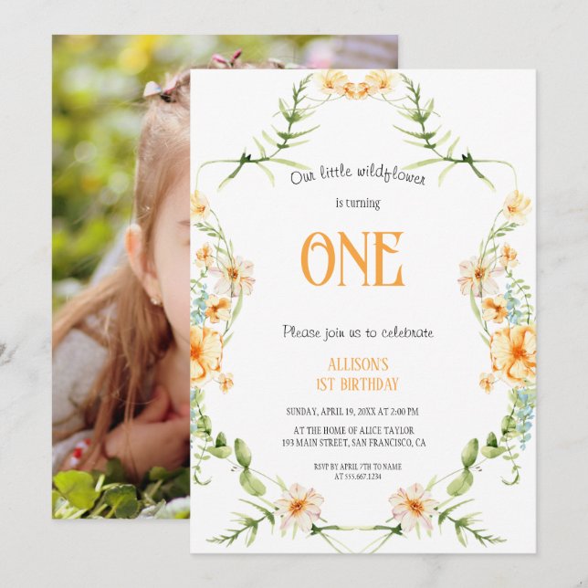 Watercolor Wildflower 1st Birthday Mauve Girl  Invitation (Front/Back)