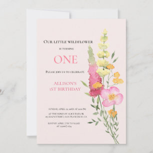 Watercolor Wildflower 1st Birthday Mauve Girl Invitation