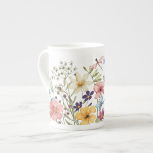 Watercolor Wildflower And Butterflies Pattern Bone China Mug