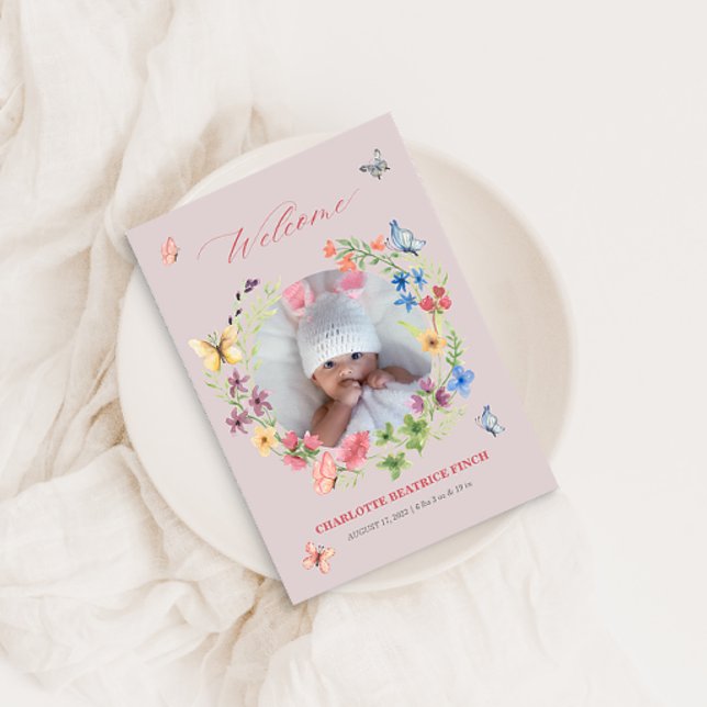 Watercolor Wildflower Baby Girl Photo Birth Announcement (Creator Uploaded)