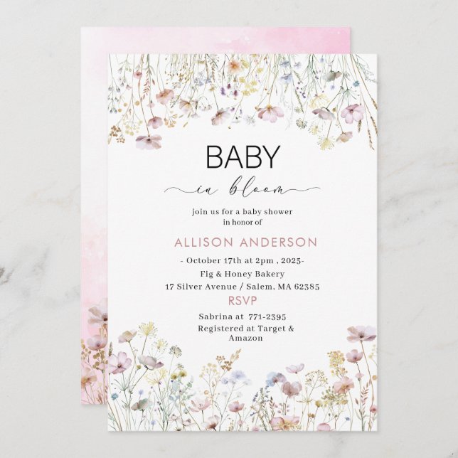Watercolor Wildflower  Baby in Bloom Baby shower Invitation (Front/Back)