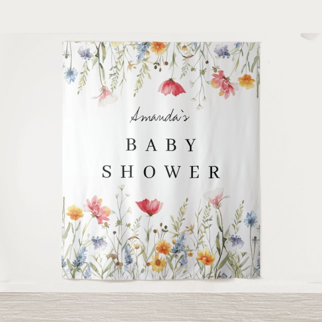 Watercolor Wildflower Baby Shower Backdrop Tapestry (Front)