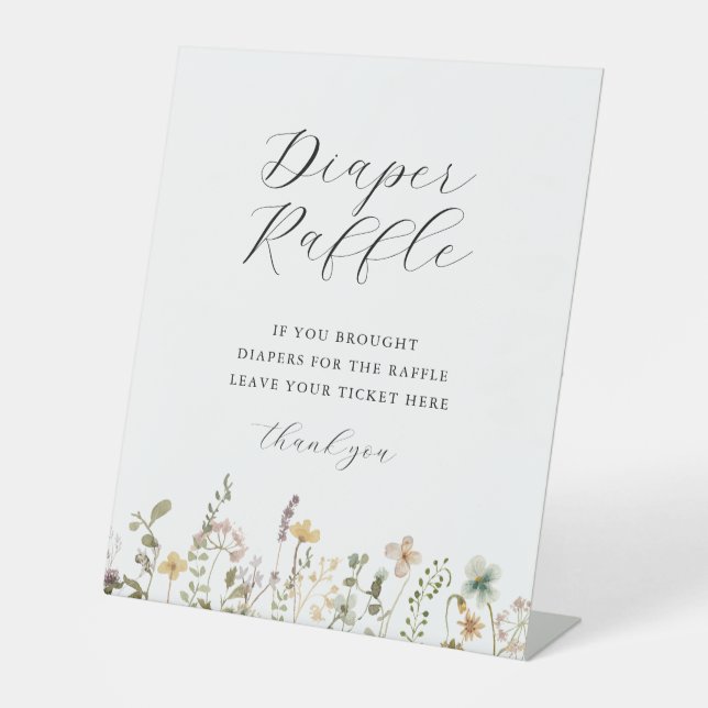 Watercolor Wildflower Baby Shower Diaper Raffle  Pedestal Sign (Front)