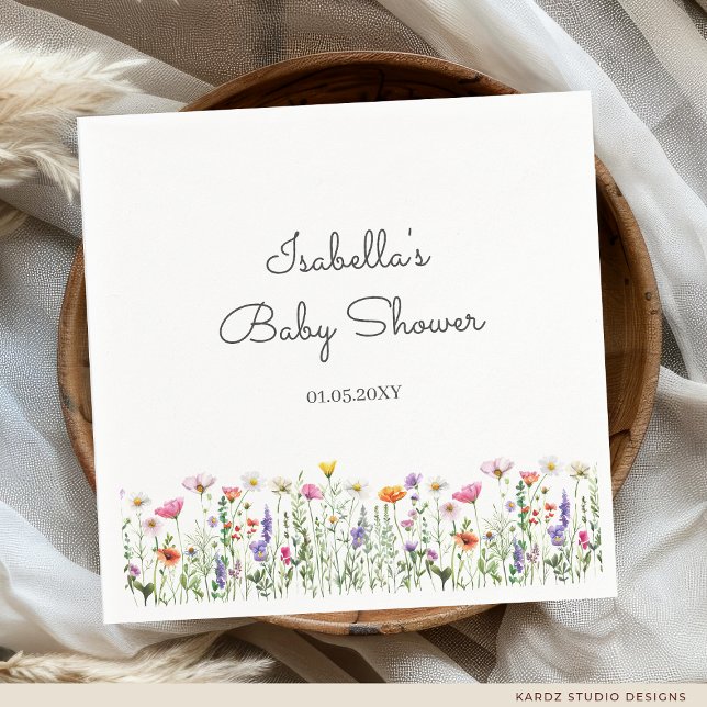 Watercolor Wildflower Baby Shower Napkin (Standard Cocktail style is shown, personalize your baby shower napkins before checkout.)