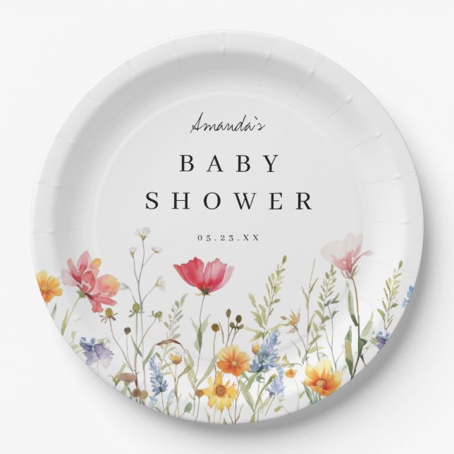 Watercolor Wildflower Baby Shower Paper Plates (Front)
