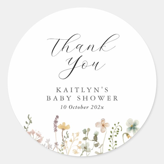 Watercolor Wildflower Baby Shower Thank You Classic Round Sticker (Front)