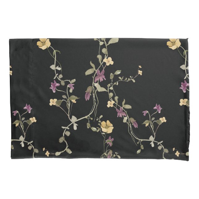Watercolor Wildflower Black  Botanical Pillowcase (Front)