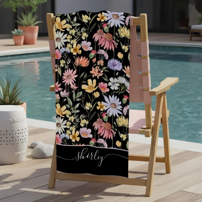 Watercolor Wildflower Botanical Floral Script Name Beach Towel (Watercolor Wildflower Botanical Floral Script Name Beach Towel)