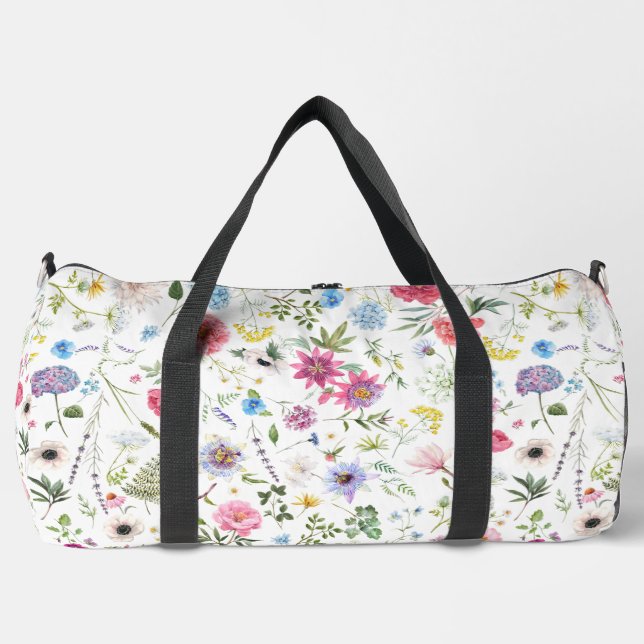 Watercolor Wildflower Botanical Garden Pattern Duffle Bag (Front)