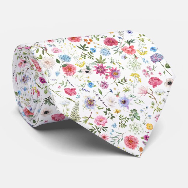 Watercolor Wildflower Botanical Garden Pattern Tie (Rolled)