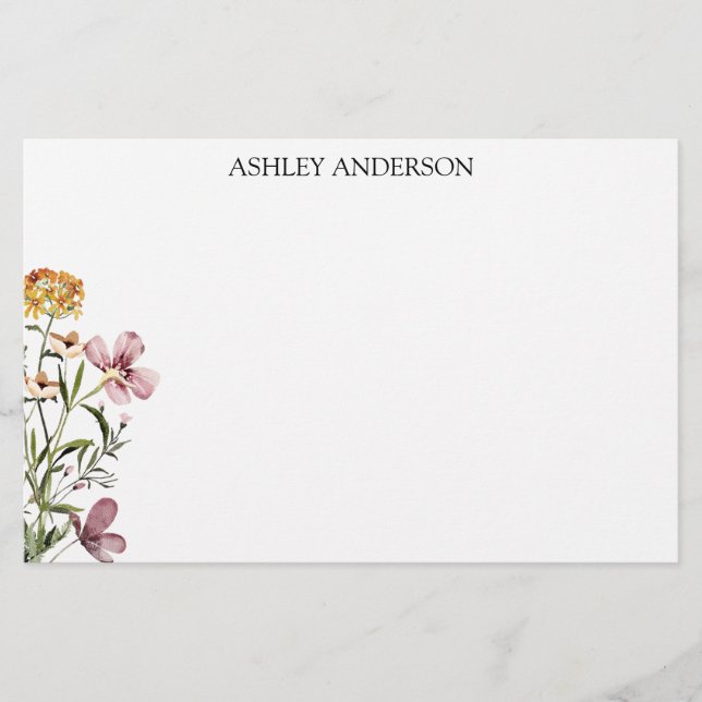 Watercolor Wildflower Bouquet #1 Personalised Name Stationery (Front)