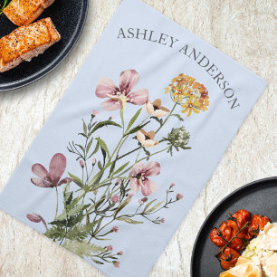Watercolor Wildflower Bouquet #1 Personalised name Tea Towel