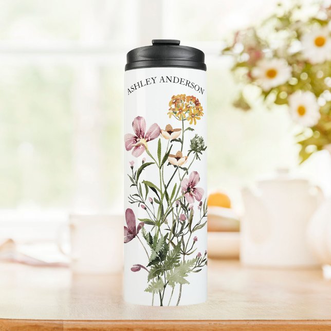 Watercolor Wildflower Bouquet #1 Personalised name Thermal Tumbler (In situ)