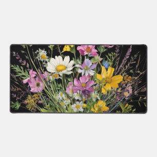 watercolor wildflower bouquet on black background desk mat