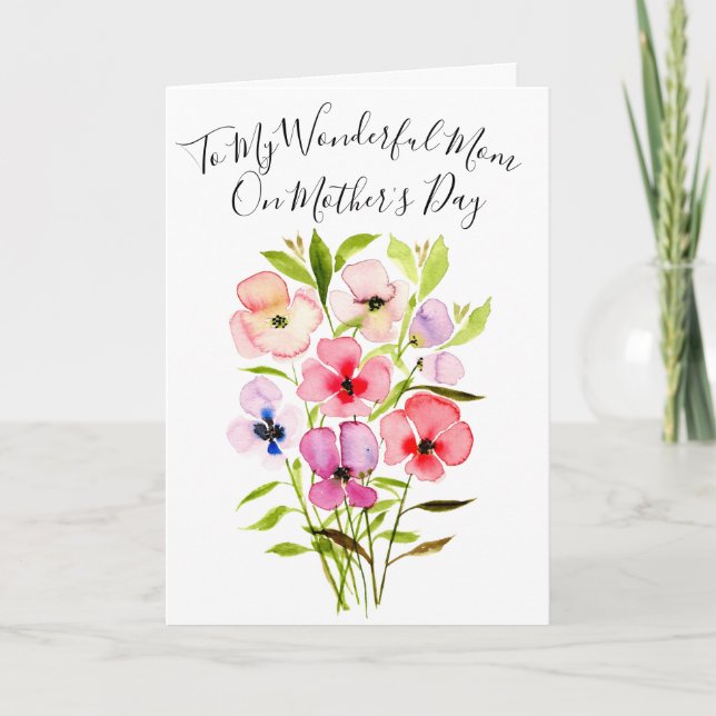 Watercolor Wildflower Bouquet w/Photo Mother's Day Card (Front)
