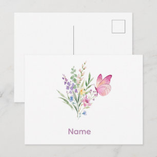 Watercolor Wildflower Bouquet with Pink Butterfly Postcard