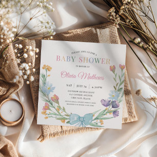 Watercolor Wildflower Bow Baby Shower Invitation