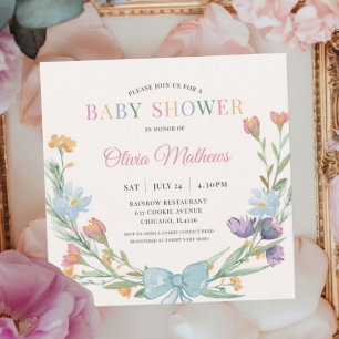 Watercolor Wildflower Bow Baby Shower Invitation