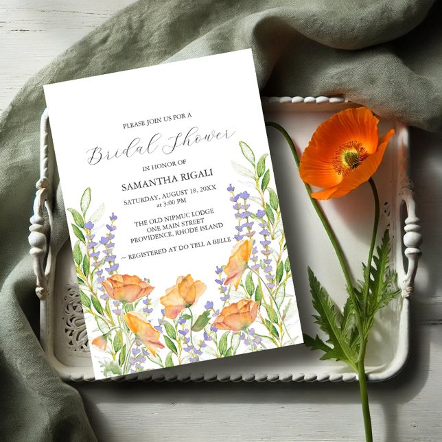 Watercolor Wildflower Bridal Shower Invitations (Garden bridal shower invitations watercolor orange poppy flowers & botanicals Victoria Grigaliunas)