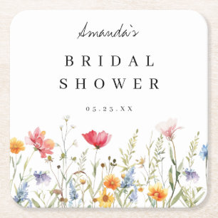Watercolor Wildflower Bridal Shower Square Paper Coaster
