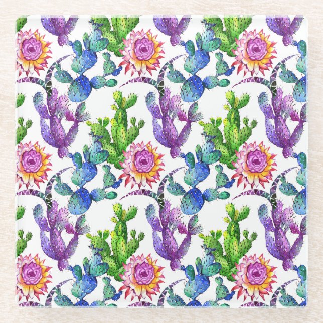 Watercolor Wildflower Cactus Pattern Glass Coaster (Front)