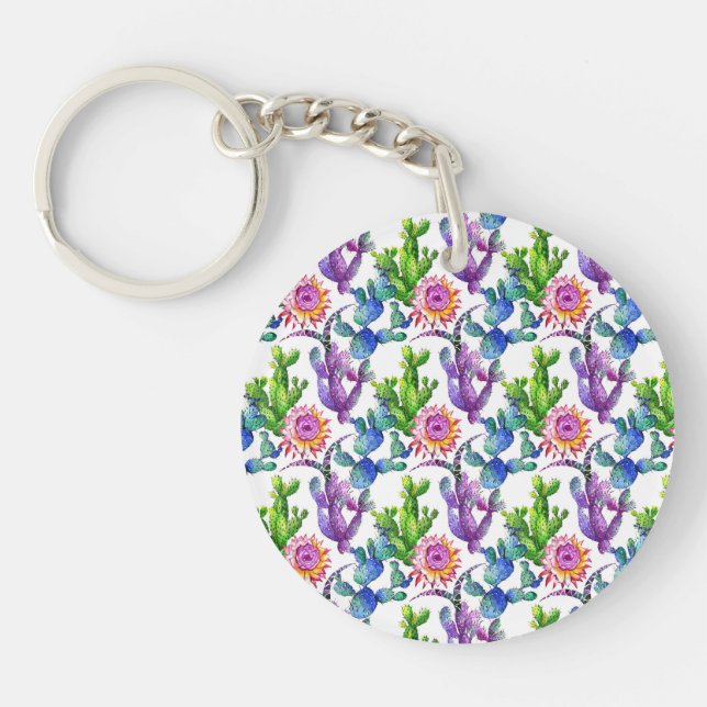Watercolor Wildflower Cactus Pattern Key Ring (Front)