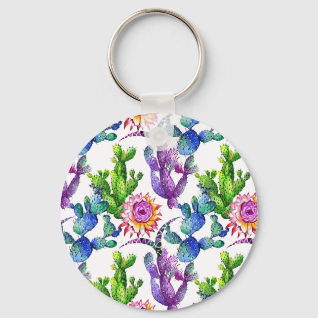 Watercolor Wildflower Cactus Pattern Key Ring (Front)