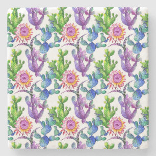 Watercolor Wildflower Cactus Pattern Stone Coaster