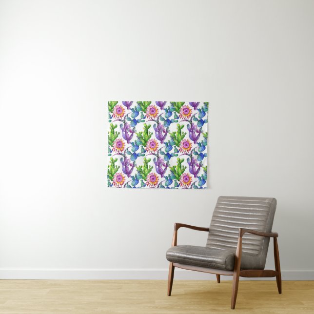 Watercolor Wildflower Cactus Pattern Tapestry (In Situ (Horizontal))