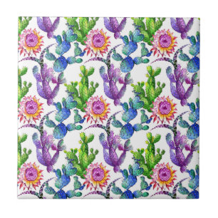 Watercolor Wildflower Cactus Pattern Tile