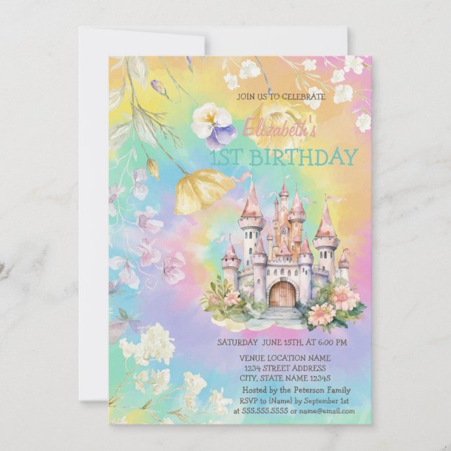 Watercolor Wildflower Castle Tie Dye Birthday   Invitation (Front)