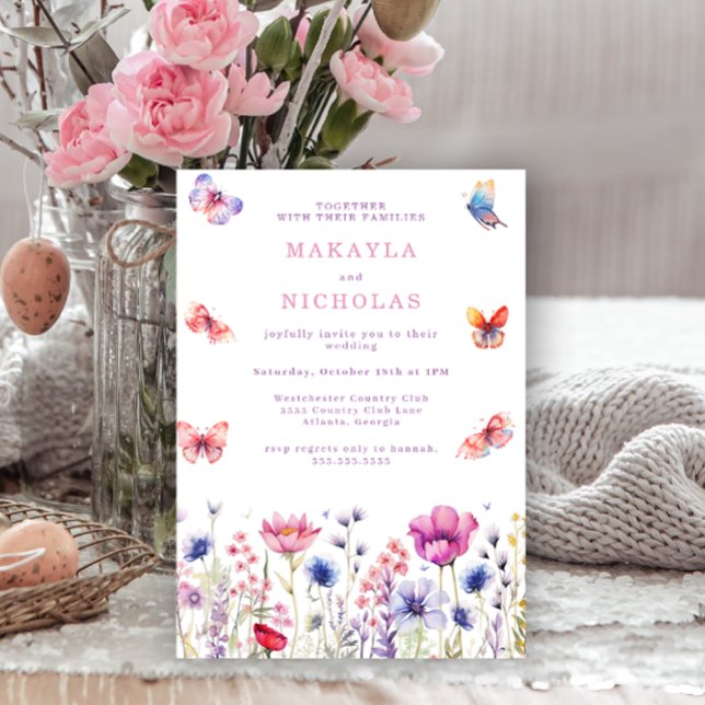 watercolor Wildflower colourful butterflies Weddin Invitation (Creator Uploaded)