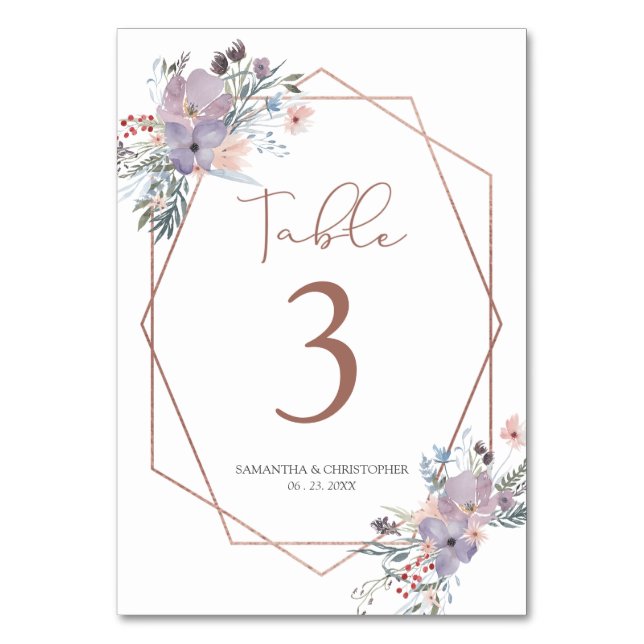 Watercolor Wildflower Copper Geometric Wedding Table Number (Front)