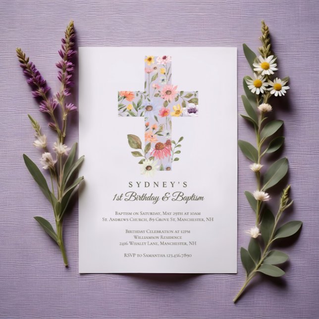 Watercolor Wildflower Cross 1st Birthday Baptism Invitation (Watercolor Wildflower Cross 1st Birthday Baptism Invitation)