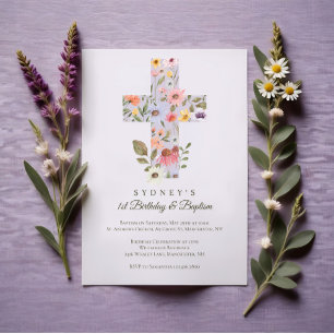 Watercolor Wildflower Cross 1st Birthday Baptism Invitation