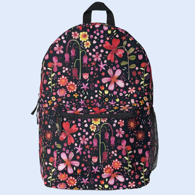 Watercolor Wildflower Dark Printed Backpack (Wildflower watercolor dark floral backpack)