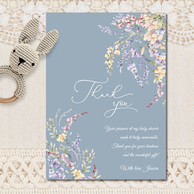 Watercolor Wildflower Dusty Blue Baby Shower Thank You Card (Creator Uploaded)