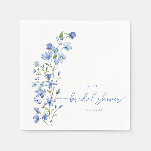 Watercolor Wildflower Dusty Blue Bridal Shower Napkin (Front)