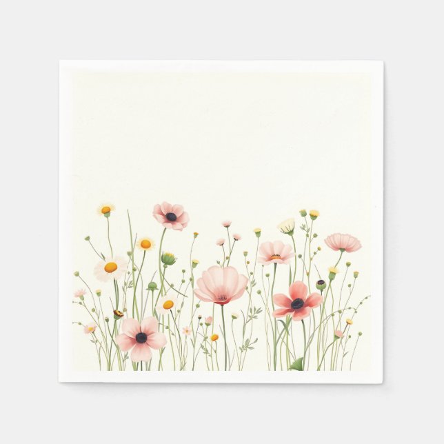 Watercolor Wildflower Field on Pale Ivory Napkin (Front)