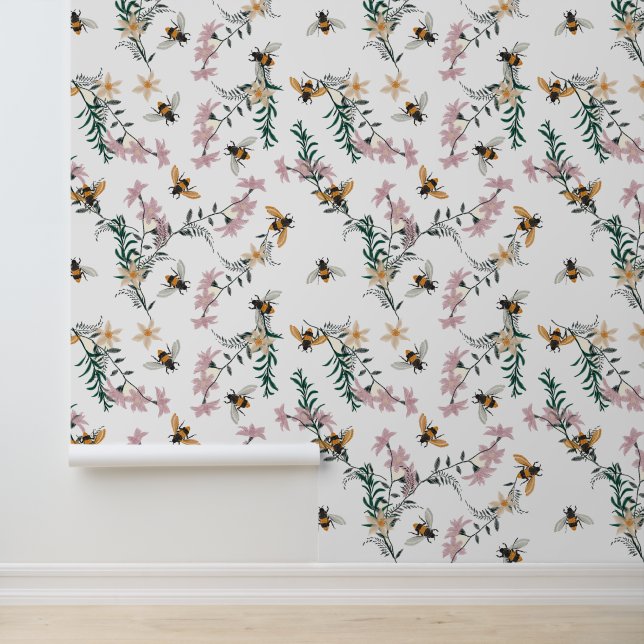 Watercolor Wildflower Floral Bumble Bees Wallpaper (Application)