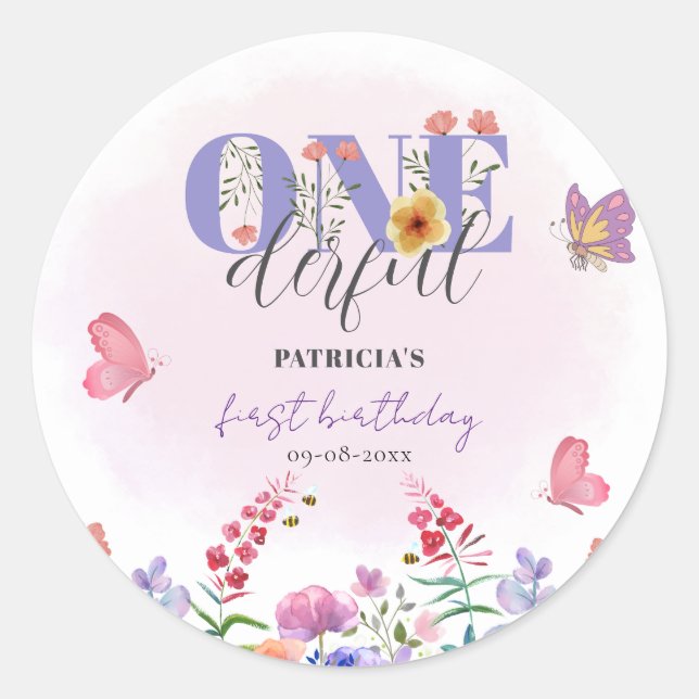 Watercolor Wildflower Floral First Birthday Classic Round Sticker (Front)