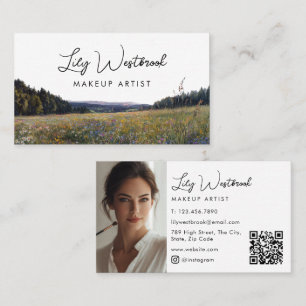 Watercolor Wildflower Floral Script Photo QR Code Business Card