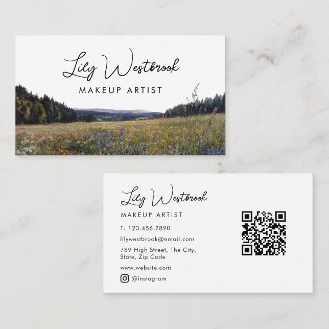 Watercolor Wildflower Floral Script QR Code Business Card (Front/Back)