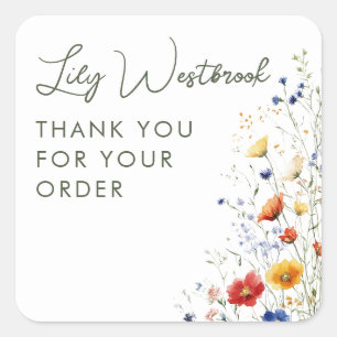 Watercolor Wildflower Floral Script Thank You Square Sticker
