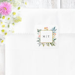 Watercolor Wildflower Floral Wedding Monogram Square Sticker<br><div class="desc">Romantic boho chic watercolor pastel wildflowers in pale blue,  pink and yellow with centre square element and monogram text field.</div>