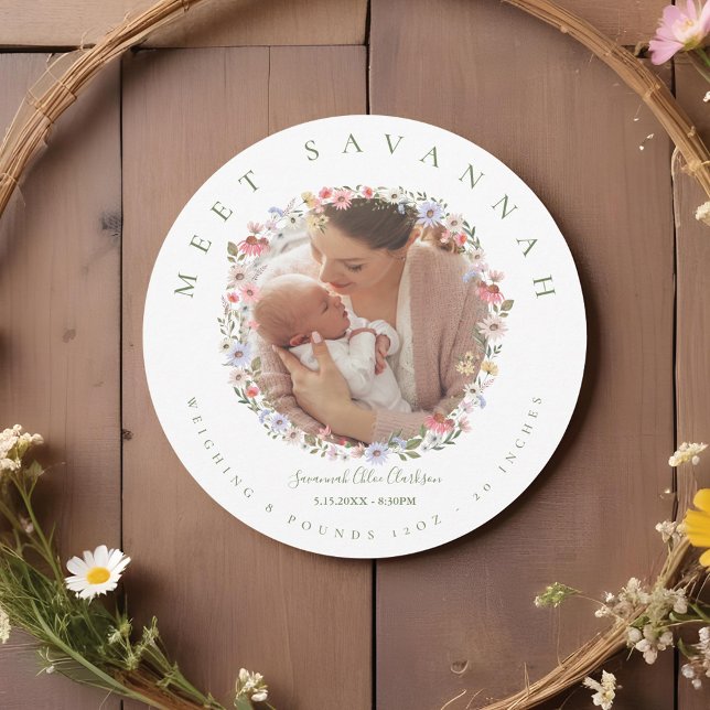 Watercolor Wildflower Floral Wreath Photo Baby Announcement (Watercolor Wildflower Floral Wreath Photo Baby Announcement)