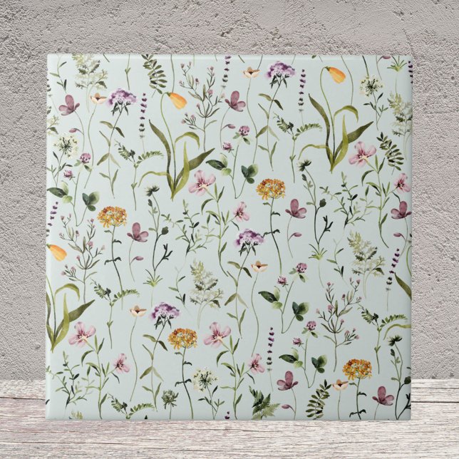 Watercolor Wildflower Garden Floral Pattern Tile (Close up)