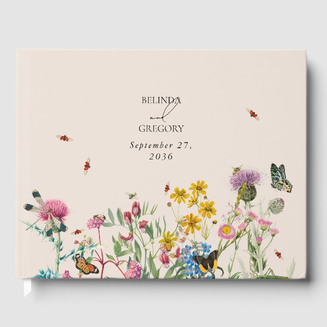 Watercolor Wildflower Garden & Insects Wedding Guest Book (Front)